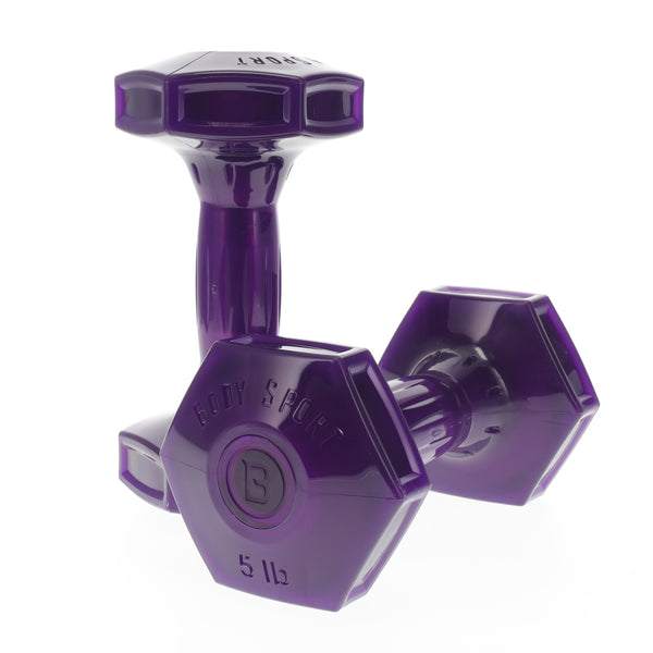 Purple dumbbells with visible brand logo on a white background