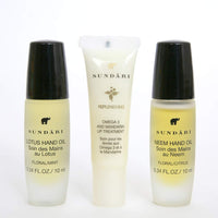 SUNDARI Hand and Lip Care Set - Two Hand Oils and One Lip Treatment Balm, All-Natural Remedies, Contains Neem Oil, Lotus Oil and Omega 3