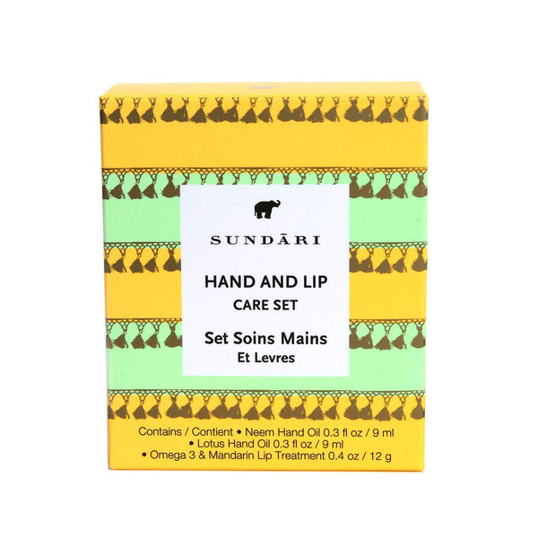 SUNDARI Hand and Lip Care Set - Two Hand Oils and One Lip Treatment Balm, All-Natural Remedies, Contains Neem Oil, Lotus Oil and Omega 3