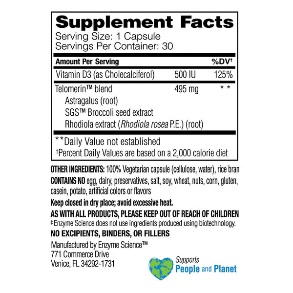 Enzyme Science - Telomere Pro, Supports Cellular Health, Energy Production and Healthy Aging with Vitamin D3, Rhodiola and Astragalus, Vegetarian, 30 Count