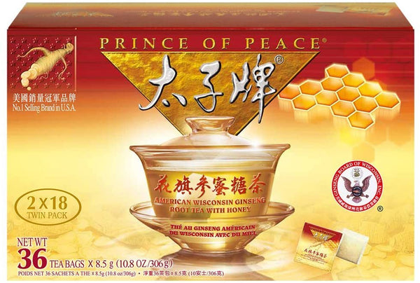 Prince of Peace American Ginseng Root Tea with Honey, 2 Boxes, 18 Tea Bags Per Box